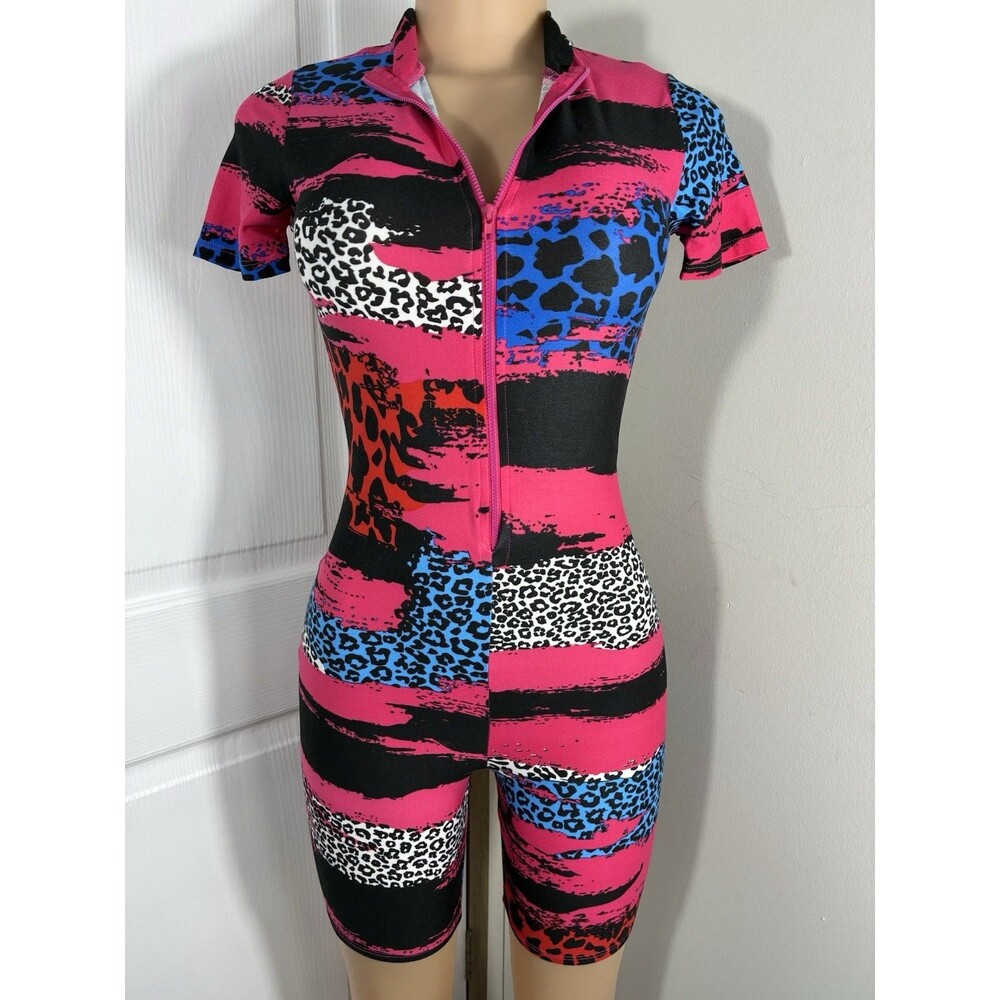 NEW Womens Cycling Shorts Bodysuit sz S active one piece colorblock biker zipper